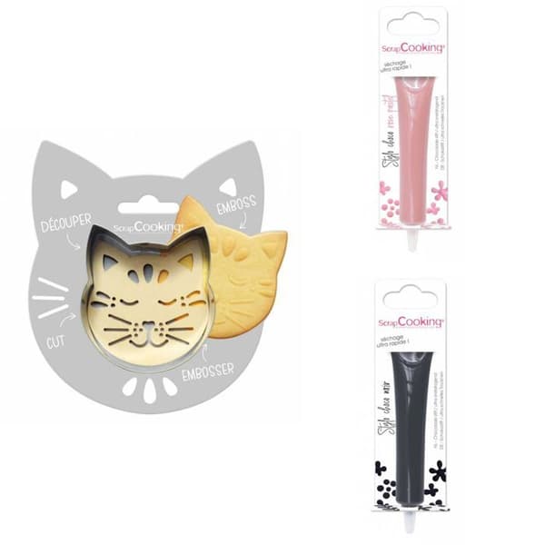 Cat Relief Cookie Kit + 2 Pastellrosa och svarta chokladpennor