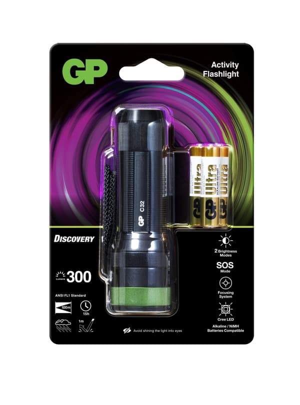 GP Discovery Flashlight, C32, 300 lumens musta, Vihreä