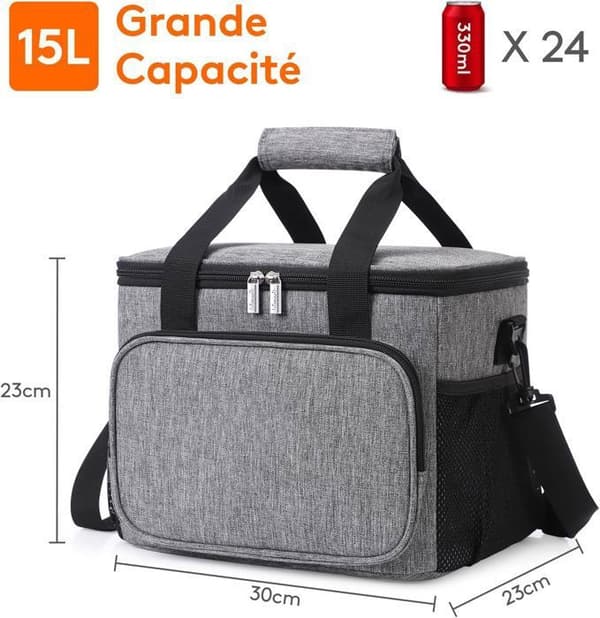 15L (24 burkar) isolerad matpåse, kylväska Måltidspåse för lunch/jobb/skola/strand/picknick (grå)