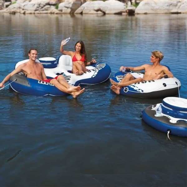 Dubbelboj - Intex - River Run - Integrerad kylare - 143 x 157 cm - Vinylblå, Vit, Svart