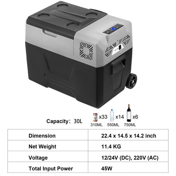 Bærbar bilkøleskab, 3 størrelser, digital kontrolpanel, batteribeskyttelse,32 kvart 30 liter