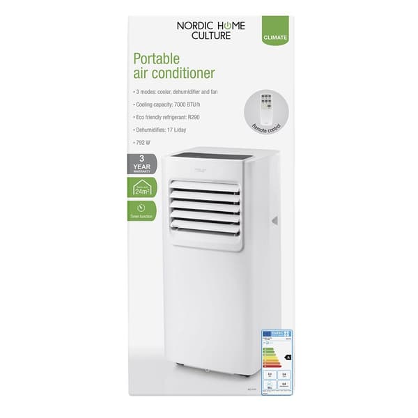 Nordic Home Portabel Luftkonditionering, 792W, 7000 BTU-h, Tre lägen - Vit