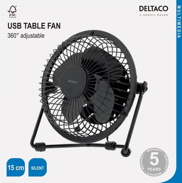 DELTACO USB-tuuletin, 10cm, pöytämalli,  x USB-A uros, musta