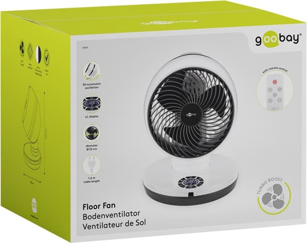 Goobay 9 tum 3D-golvfläkt med fjärrkontroll och timer horisontellt och vertikalt oscillerande luftkylare med nätkabel, diameter 23 cm