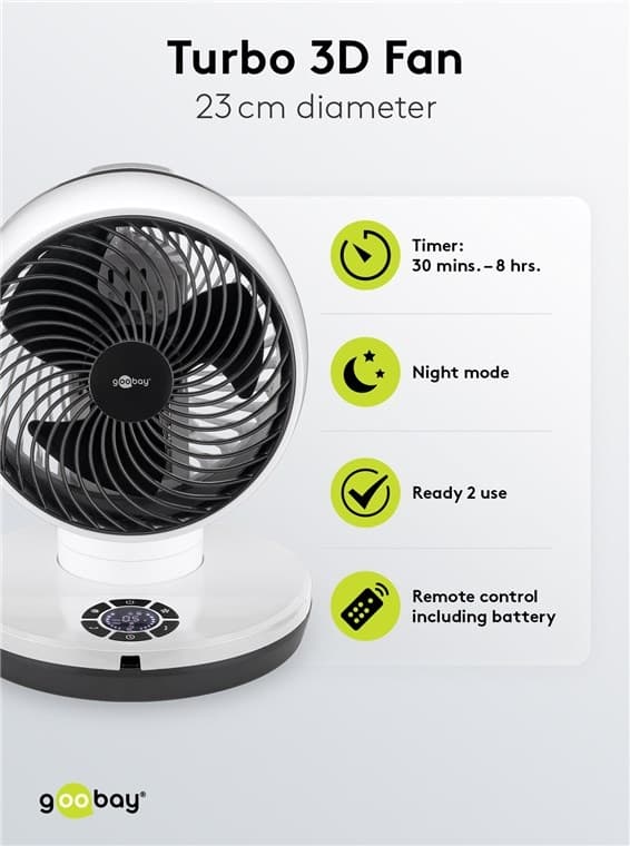 Goobay 9 tum 3D-golvfläkt med fjärrkontroll och timer horisontellt och vertikalt oscillerande luftkylare med nätkabel, diameter 23 cm