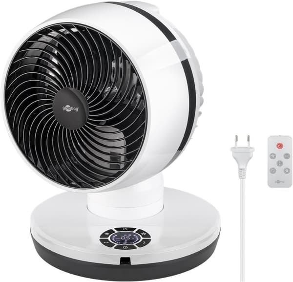 Goobay 9 tum 3D-golvfläkt med fjärrkontroll och timer horisontellt och vertikalt oscillerande luftkylare med nätkabel, diameter 23 cm