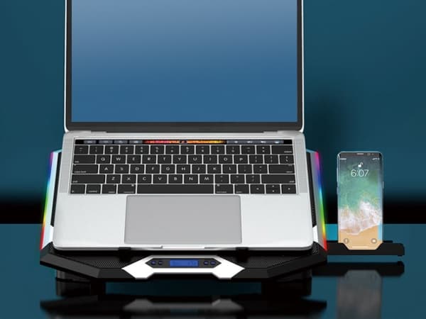 Conceptronic ERGO Gaming - Fläkt till bärbar dator/notebook - med smartphone-ställ, USB 2,0 nav med 2 portar - 17" - 100 mm/70 mm - svart