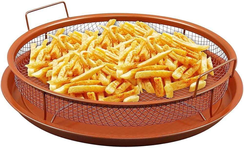 Rund ugn Crisper bricka kopparfärg, non-stick Air Fry Crisper korg med bricka