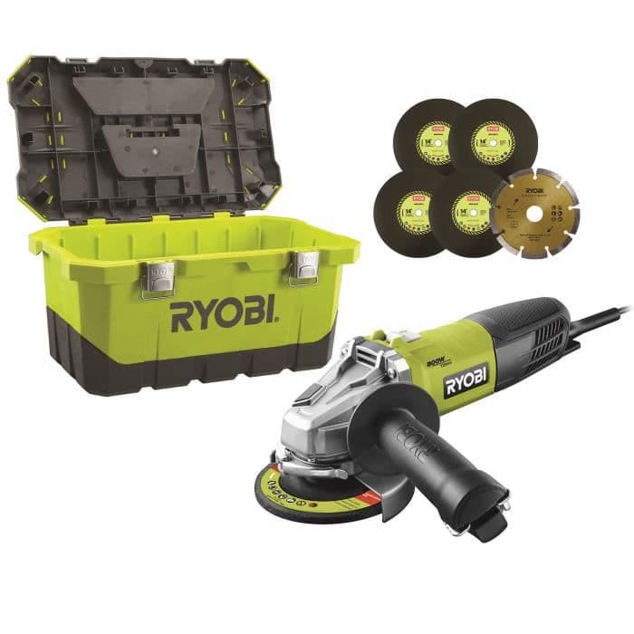RYOBI Vinkelsliber - 125 mm - 800 W - Med værktøjskasse og 6 diske