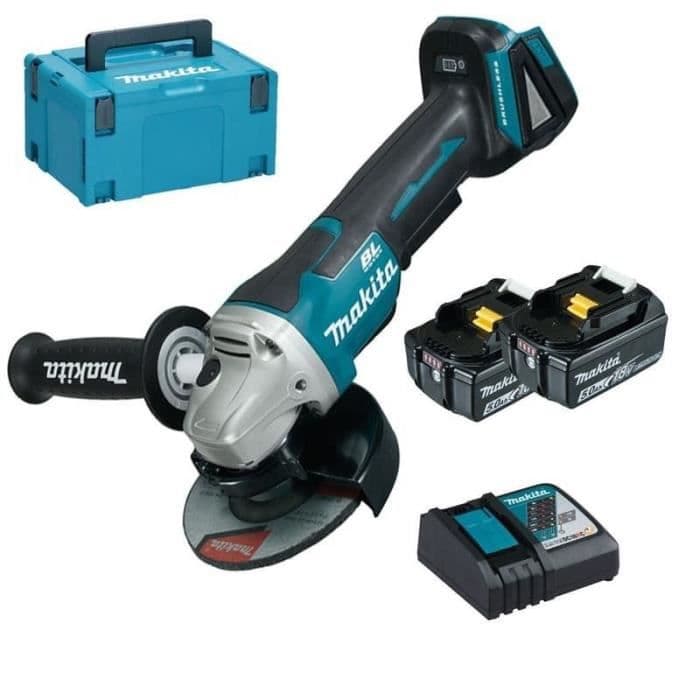 MAKITA kværn 125 mm 18V (2 x 5,0 ah) + oplader og MAKPAC DGA505RTJ