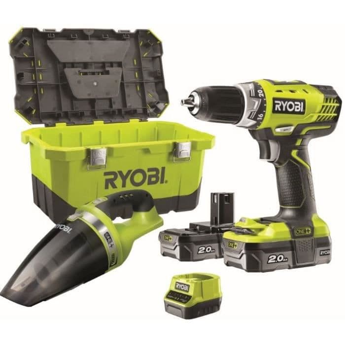 RYOBI Bor 18 V - 2 litiumbatterier 2Ah - + Støvsuger 18 V + værktøjskasse
