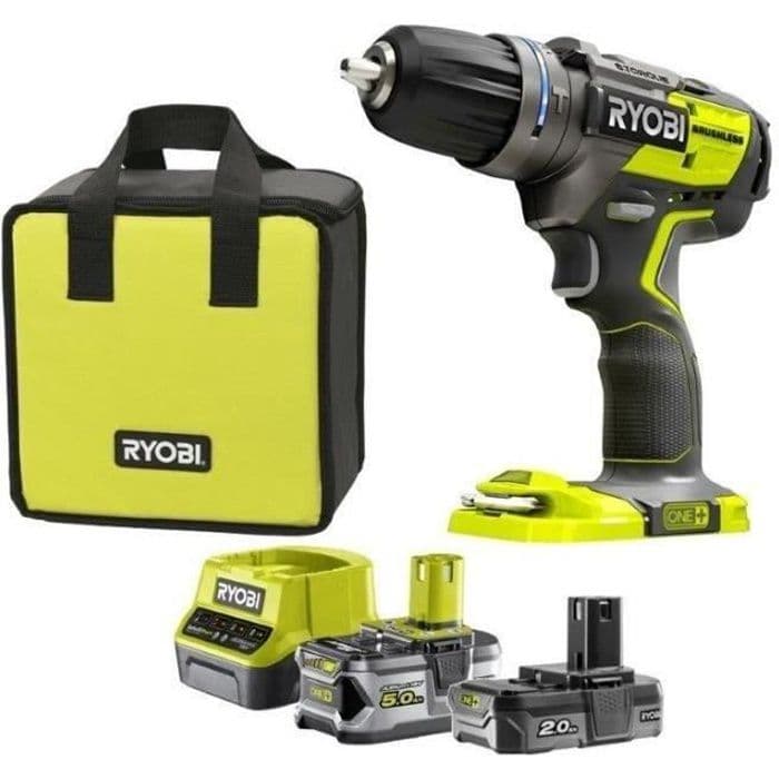RYOBI børsteløs boremaskinepakke + 2 batterier - 2 / 5Ah - 60 Nm
