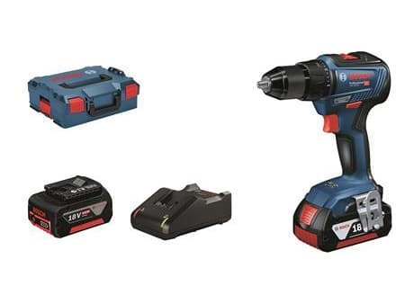 BOSCH Akku bore-/skruemaskine GSR 18V-55. Medfølgende tilbehør:Leveres med 2x4,0 batterier, lader GAL 18V-40, L-BOXX