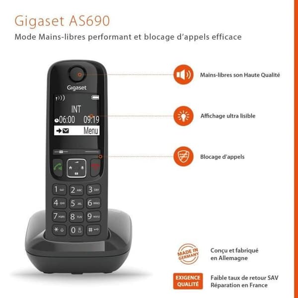 AS690 Trio Svart fast telefon - GIGASET - Högpresterande HSP™ handsfree - Effektiv samtalsblockering