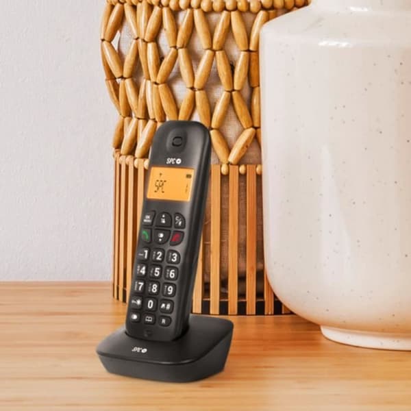 SPC Air – Trådlös fast telefon med upplyst display, nummerpresentation, 20 kontakter, tyst läge, 5 melodier och ECO-läge – svart