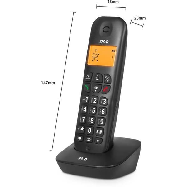 SPC Air – Trådlös fast telefon med upplyst display, nummerpresentation, 20 kontakter, tyst läge, 5 melodier och ECO-läge – svart