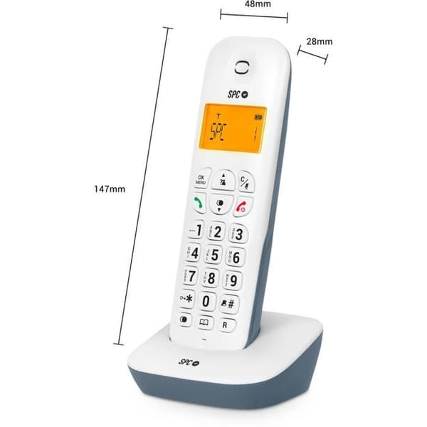 SPC Air – Trådlös fast telefon med upplyst display, nummerpresentation, 20 kontakter, tyst läge, 5 melodier och ECO-läge – vit