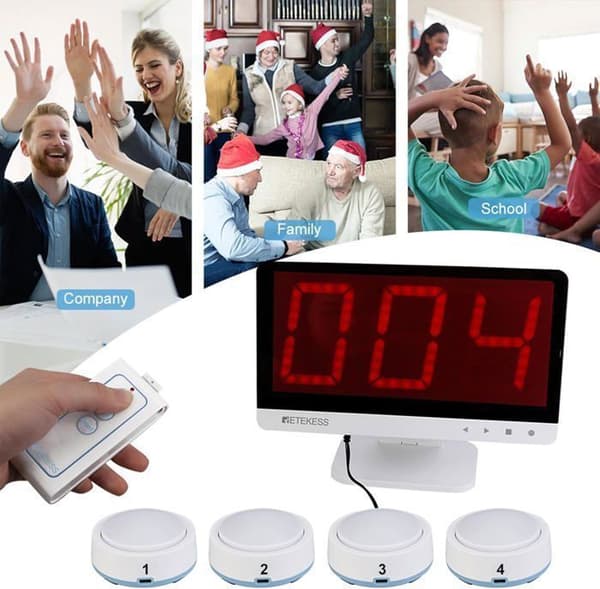 Retekess TM101 Ljud- och Ljusbuzzer, Trådlöst Buzzersystem, Räckvidd på 80m, 4 Knappar, För Spel Hemma eller i Klassrummet