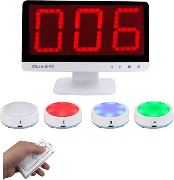 Retekess TM101 Ljud- och Ljusbuzzer, Trådlöst Buzzersystem, Räckvidd på 80m, 4 Knappar, För Spel Hemma eller i Klassrummet