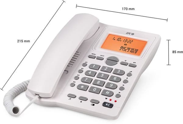 SPC Office ID 2 - Fast telefon med sladd med upplyst skärm, 4 direktminnen, nummerpresentation, skrivbord/vägg - Vit