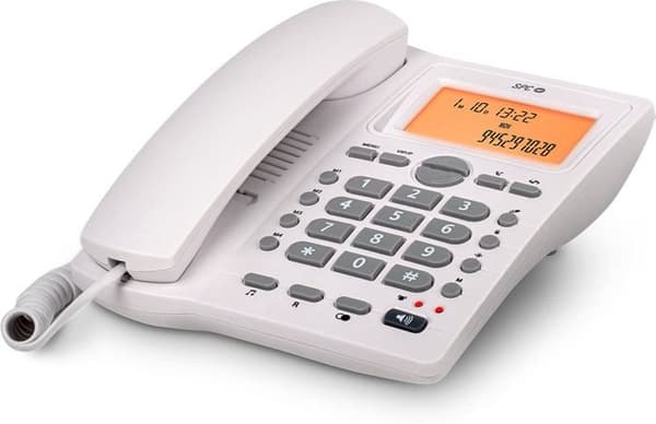 SPC Office ID 2 - Fast telefon med sladd med upplyst skärm, 4 direktminnen, nummerpresentation, skrivbord/vägg - Vit