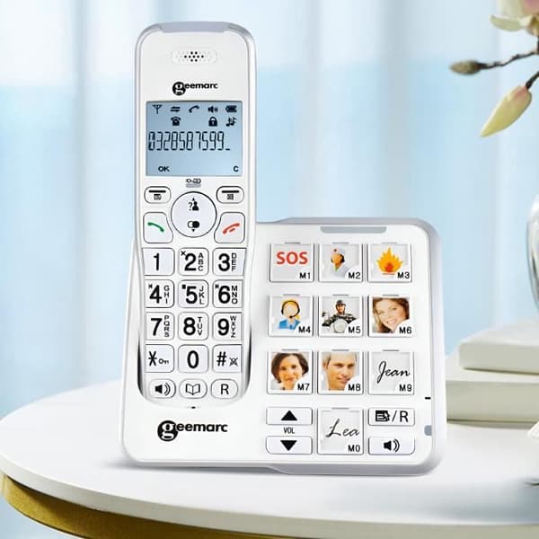 Förstärkt sladdlös seniortelefon Fotominnenycklar Telefonsvarare Geemarc Vit