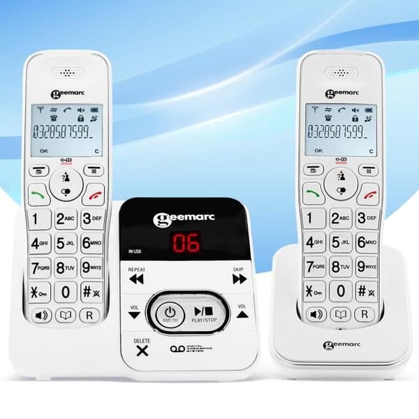 Förstärkt sladdlös senior fast telefon + dubbla telefonsvarare Geemarc Vit