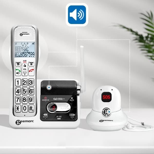Förstärkt sladdlös telefon med telefonsvarare och SOS-hänge Geemarc Vit