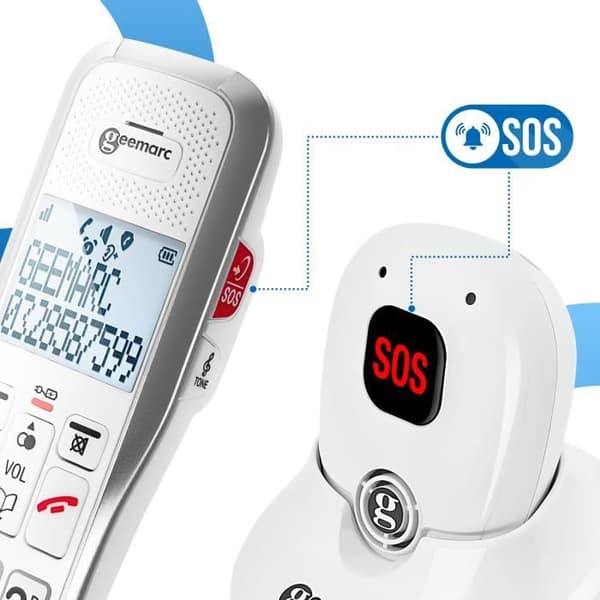 Förstärkt sladdlös telefon med telefonsvarare och SOS-hänge Geemarc Vit