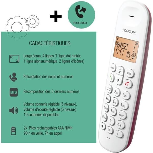 Fast trådlös telefon - LOGICOM - DECT ILOA 150 SOLO - Hallon - Utan telefonsvarare