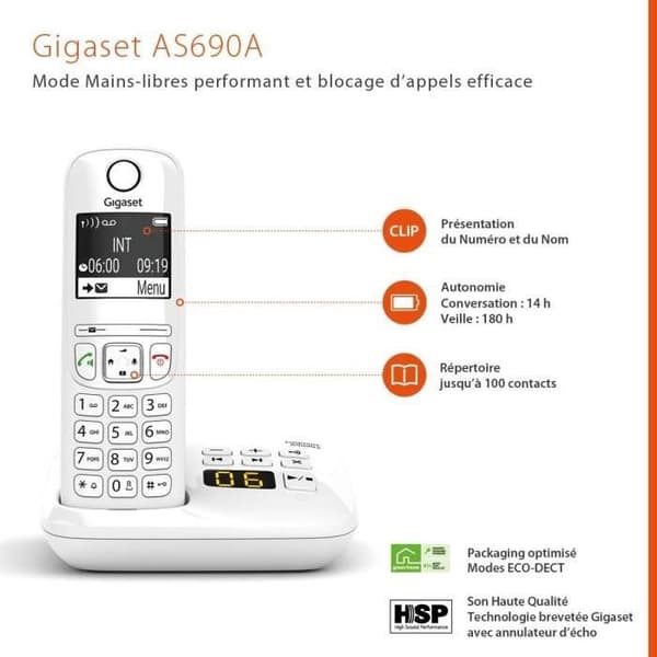 AS690 A Trio White Fast telefon - GIGASET - Monokrom - 20 ringsignaler - Handsfree