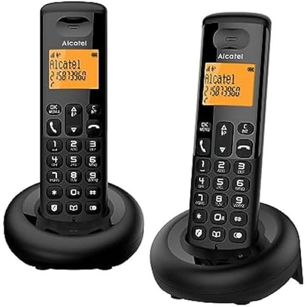 Alcatel E160 Duo trådlös DECT-telefon i svart med oönskad samtalsblockering, stor orange bakgrundsbelyst skärm, lätt att använda Svart