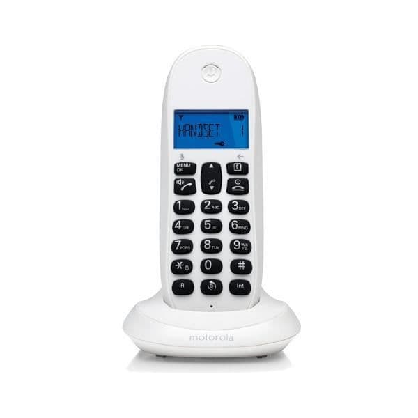 Motorola C1001CB+ vit trådlös telefon med blå bakgrundsbelyst display, handsfree-funktion, 50 kontaktkatalog, kontroll