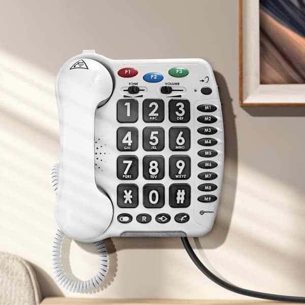 Telesenior fast telefon väggmonterad förstärkt 30dB hög ringning stort tangentbord Geemarc vit