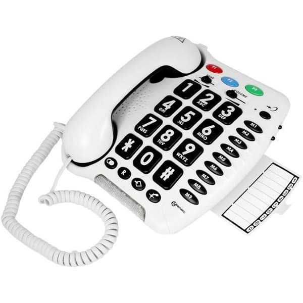 Telesenior fast telefon väggmonterad förstärkt 30dB hög ringning stort tangentbord Geemarc vit