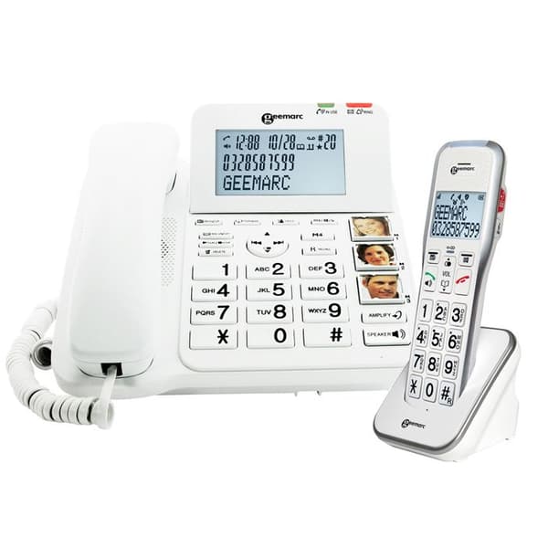 Seniortelefon med foto minnesknappar ytterligare handtag Geemarc vit