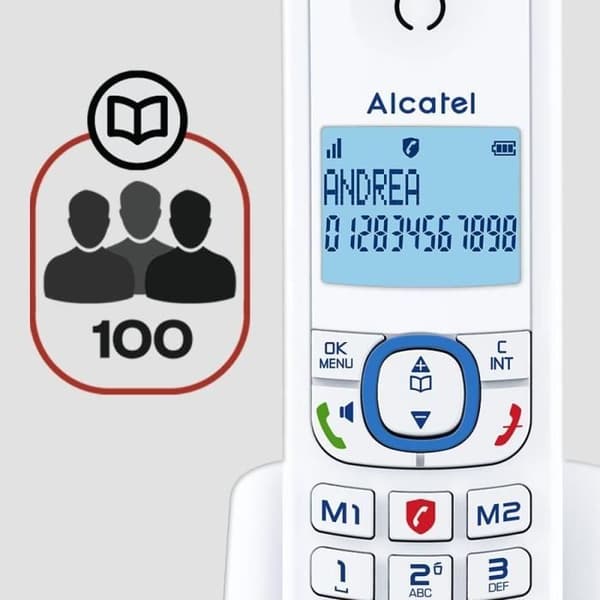 Trådlös telefon - ALCATEL - F530 Röst - Telefonsvarare, samtalsblockering, handsfree, 2 direktminnen, Vit/Blå