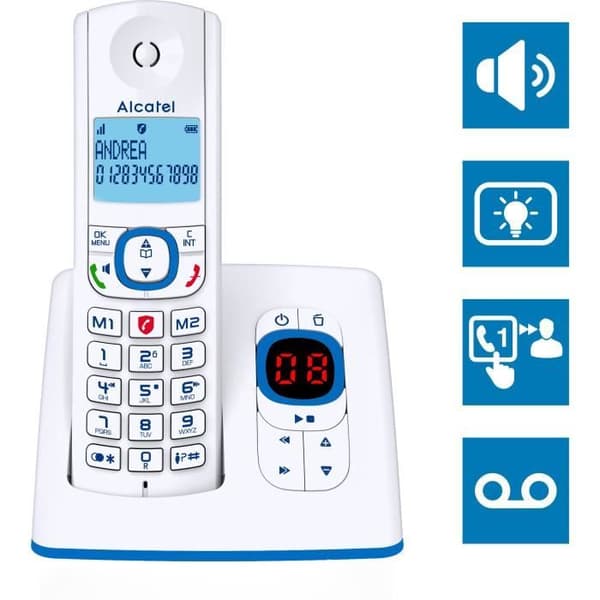 Trådlös telefon - ALCATEL - F530 Röst - Telefonsvarare, samtalsblockering, handsfree, 2 direktminnen, Vit/Blå