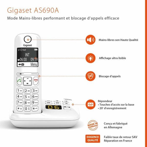 AS690 A Duo White Fast telefon - GIGASET - Trådlös - 20 min telefonsvarare - Nummerpresentation - Handsfree
