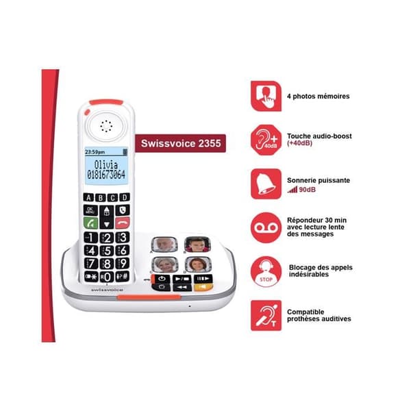 Senior fast telefon med Swissvoice Xtra 2355 telefonsvarare | 90dB förstärkt ringsignal och volym
