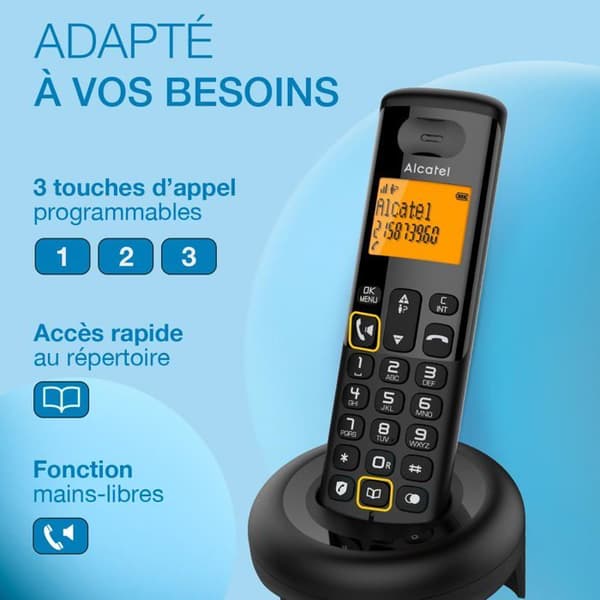 Alcatel E260 trådlös fast telefon med annonssamtalsblockeringsfunktion Svart