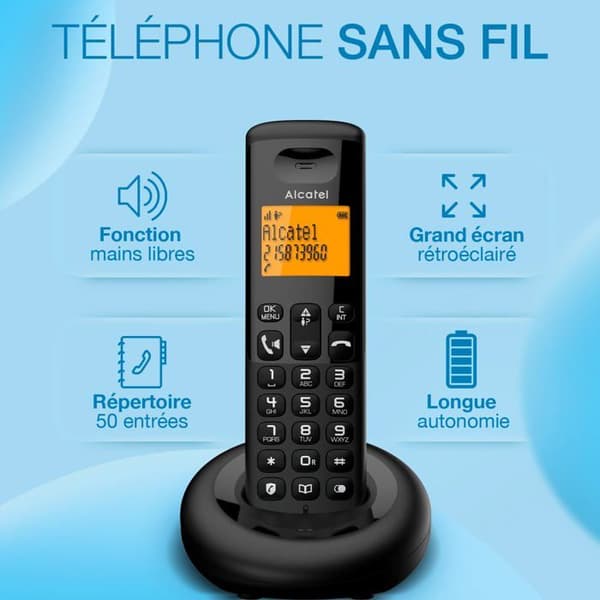 Alcatel E260 trådlös fast telefon med annonssamtalsblockeringsfunktion Svart