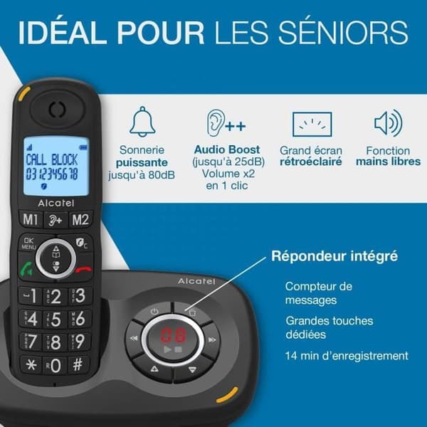 Alcatel XL595 B Voice Trio - Trådlös Fixtelefon för Seniorer med Svarare - Stort Bakgrundsbelyst Skärm - Handsfree - B-funktion