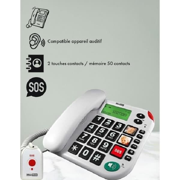 MAXCOM KXT481 sladdtelefon - Stora knappar och bilder - SOS-knapp - Vit