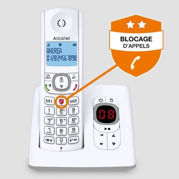 Trådlös telefon - ALCATEL - F530 Röst - Telefonsvarare, samtalsblockering, handsfree, 2 direktminnen, Vit/Grå