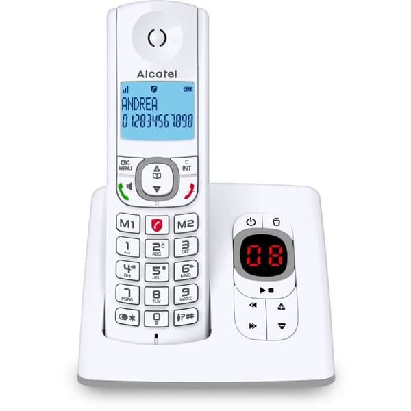 Trådlös telefon - ALCATEL - F530 Röst - Telefonsvarare, samtalsblockering, handsfree, 2 direktminnen, Vit/Grå