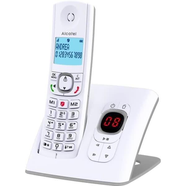Trådlös telefon - ALCATEL - F530 Röst - Telefonsvarare, samtalsblockering, handsfree, 2 direktminnen, Vit/Grå Grå, Vit