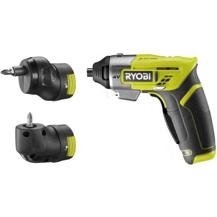 RYOBI skruetrækker - 4 V - Leveres i kasse med 10 skruetrækkere, et skråt gear og en ekstra chuck