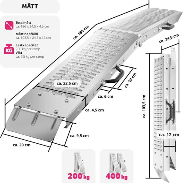 Lastramp Björn, 2-pack, hopfällbara, 400kg lastkapacitet - 186 cm