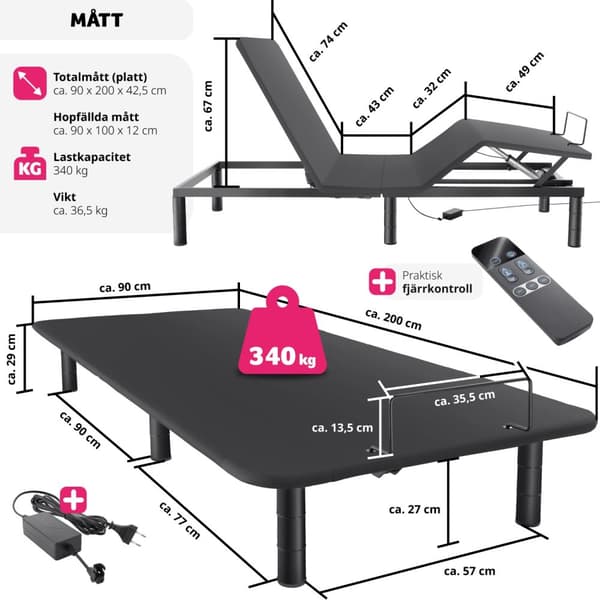 Sängstomme med elektriskt justerbar lamellram Comfort Easy Flex - antracit/svart
